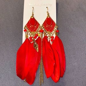 Red and gold beautiful feather earrings